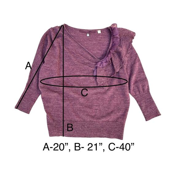 Knitted & Knotted Wool Ruffle Detail 3/4 Sleeve Sweater Top, Size S, Purple - Picture 11 of 13